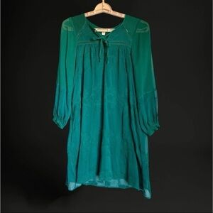 Anthropologie Tiny Women Sz XS Dress Green Boho Embroidered Luisa Swing Peasant